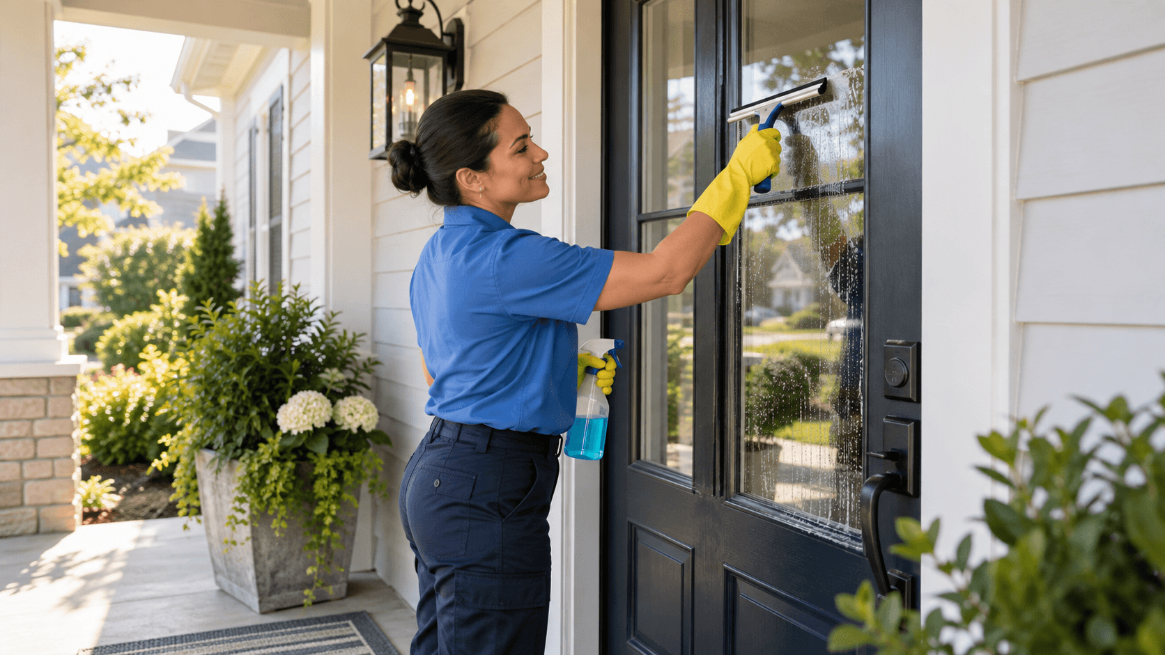 Illustrative image of a professional cleaning exterior door glass